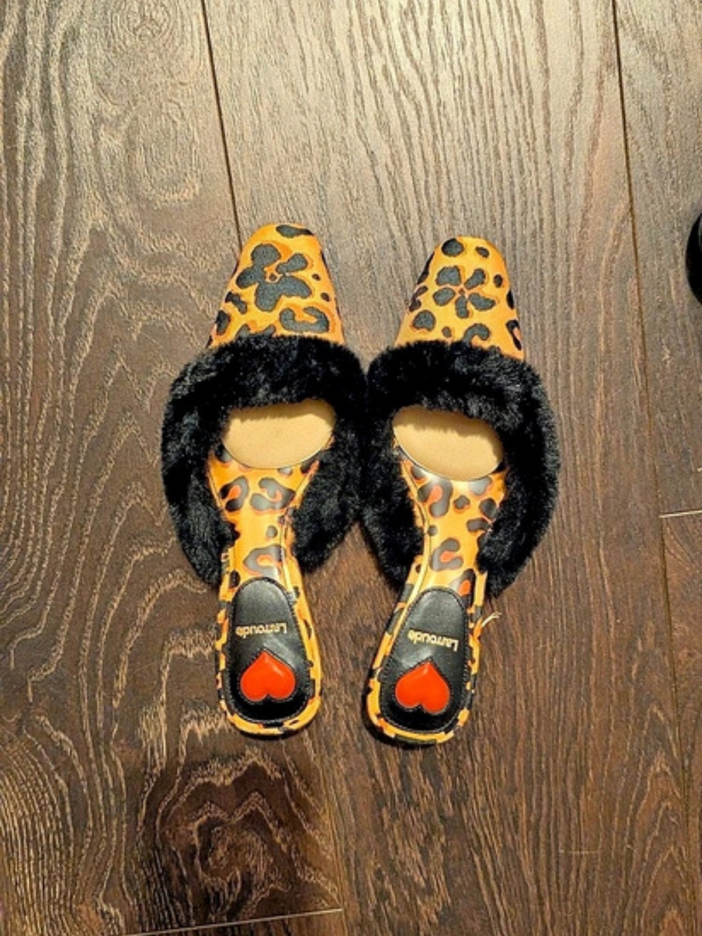 Larroude Amal Mule Leopard Print Faux Fur Trim Kitten Heels